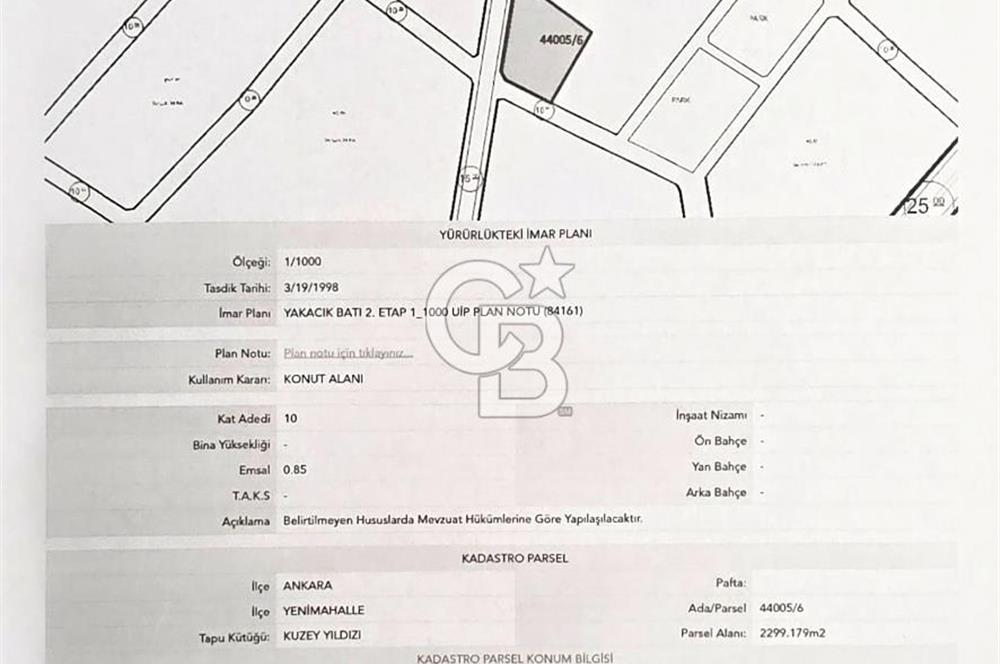 YENİMAHALLE YAKACIK 10 KAT İMARLI 2.300m² 0.85 EMSAL KÖŞE ARSA