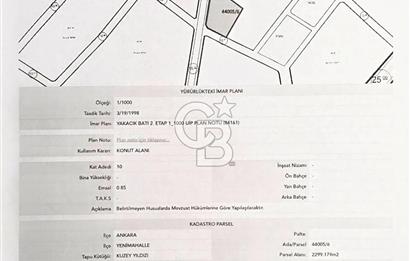 YENİMAHALLE YAKACIK 10 KAT İMARLI 2.300m² 0.85 EMSAL KÖŞE ARSA