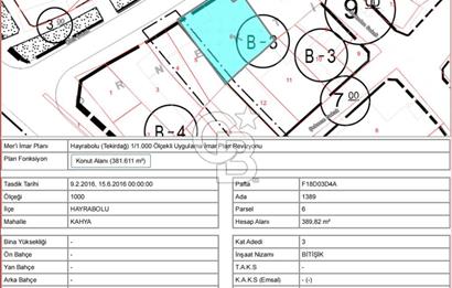 Hayrabolu Merkezde toplam 642m2 Satılık İmarlı Arsa