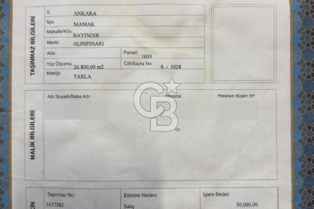 MAMAK BAYINDIR ESKİ 1033 PARSELDE DEĞERİNİN ALTINDA TARLA