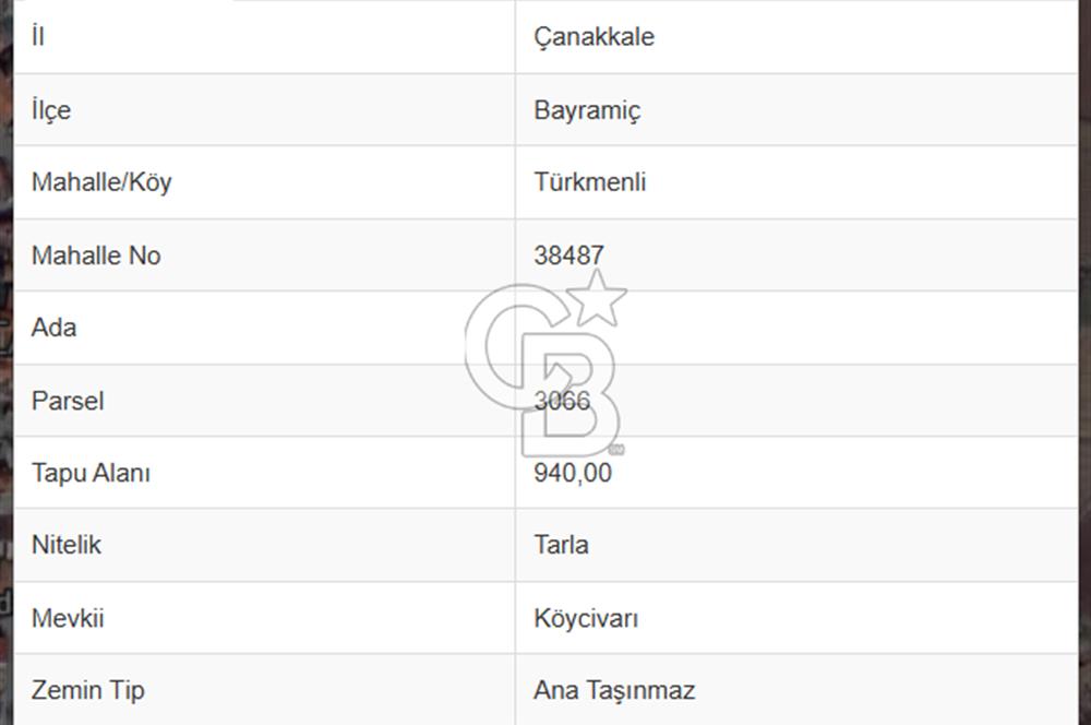 ÇANAKKALE BAYRAMİÇ/TÜRKMENLİDE SATILIK 940 m² ARSA