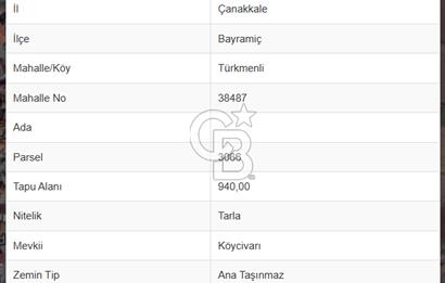ÇANAKKALE BAYRAMİÇ/TÜRKMENLİDE SATILIK 940 m² ARSA