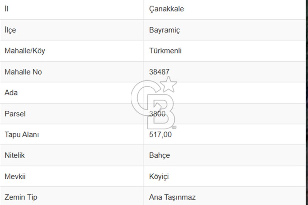 ÇANAKKALE BAYRAMİÇ/TÜRKMENLİ KÖYÜ 517 m2 SATILIK BAHÇE