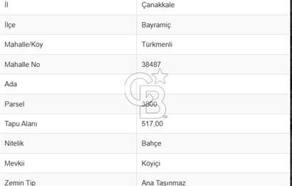 ÇANAKKALE BAYRAMİÇ/TÜRKMENLİ KÖYÜ 517 m2 SATILIK BAHÇE
