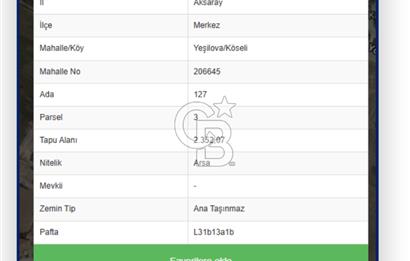 AKSARAY YEŞİLOVA ( KÖSELİ ) SATILIK VİLLA İMARLI ARSA