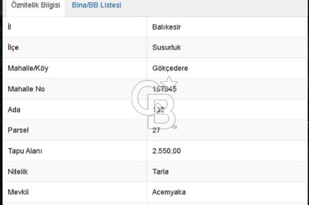 Balıkesir Susurluk Gökçedere Köyünde Satılık 2.550 m² Tarla