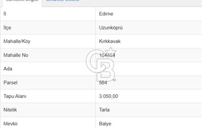Edirne Uzunköprü Kırkkavak Köyünde 3050 M² Satılık Tarla