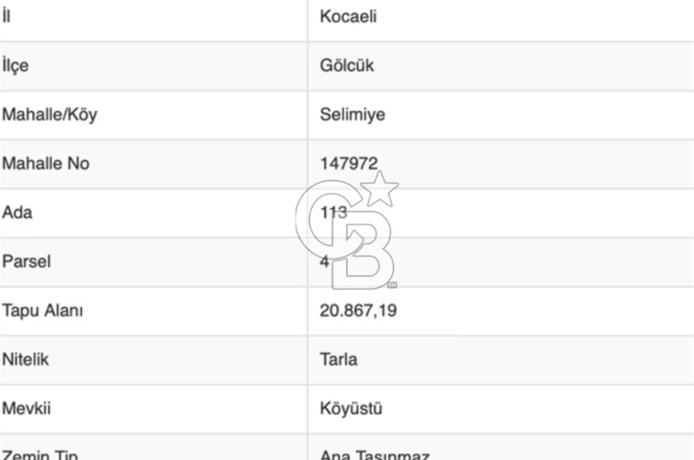 CB BLACK'TAN KOCAELİ GÖLCÜK SELİMİYE'DE 20.867m² SATILIK TARLA