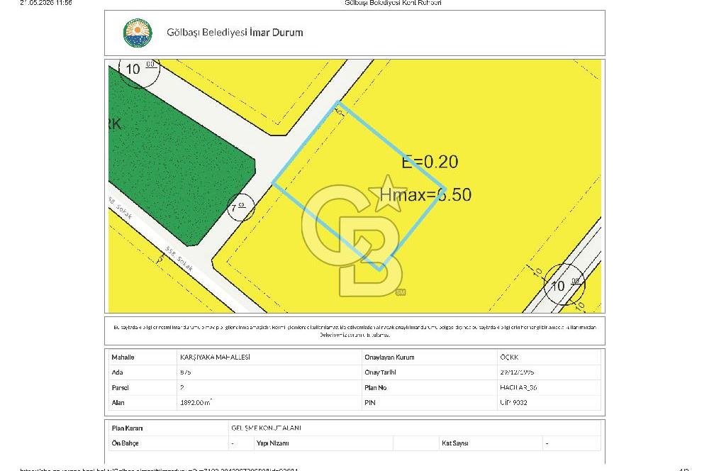 GÖLBAŞI KARŞIYAKA SATILIK 0.20 EMSAL SATILIK 1892M² ARSA