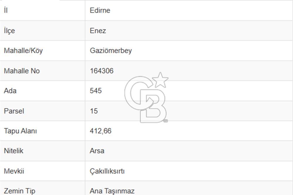 EDİRNE ENEZ GAZİÖMERBEY MAHALLESİNDE 412 m² MÜSTAKİL ARSA