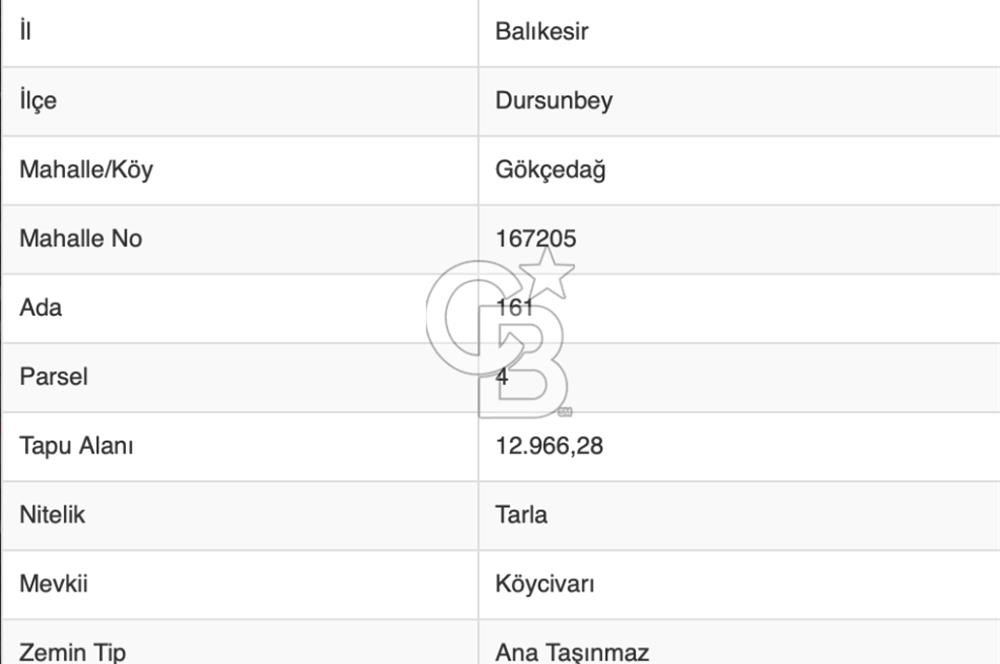 CB Eagle'Dan DURSUNBEY GÖKÇEDAĞ'DA 12.966 m² SATILIK TARLA 