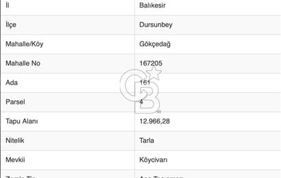 CB Eagle'Dan DURSUNBEY GÖKÇEDAĞ'DA 12.966 m² SATILIK TARLA 