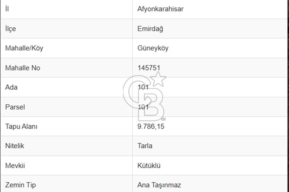 CB CITY' DEN AFYONKARAHİSAR/EMİRDAĞ SATILIK TARLA