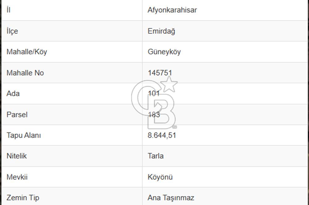 CB CITY' DEN AFYONKARAHİSAR/EMİRDAĞ SATILIK TARLA