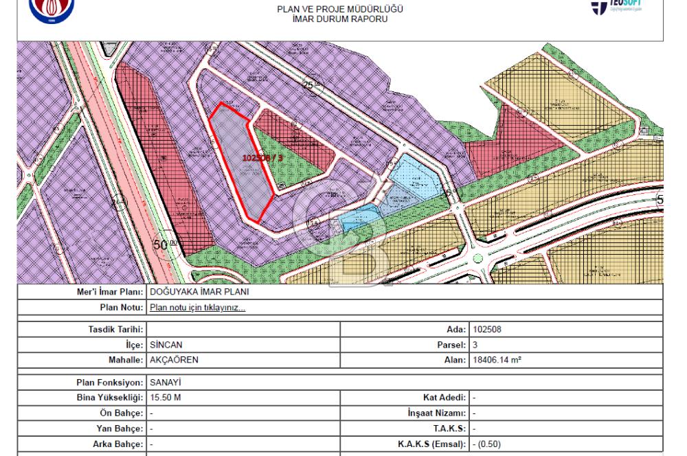 SİNCAN YENİKENT'TE SATILIK SANAYİ İMARLI 1.533 m2 ARSA