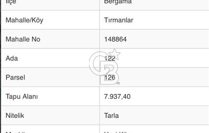 İzmir Bergama Tırmanlar 7937 M2 Bedava Yatırımlık Satılık Tarla