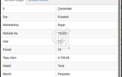 Çanakkale Eceabat Bigalı'da Denize yakın Asfalta Cepheli Kupon Tarla