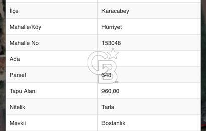 KARACABEY HÜRRİYET MH.SATILIK 960 m2 KÖY İMARLI ARSA
