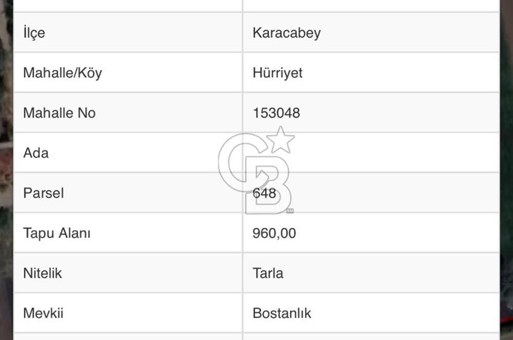 KARACABEY HÜRRİYET MH.SATILIK 960 m2 KÖY İMARLI ARSA