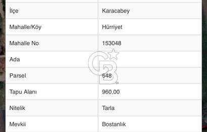 KARACABEY HÜRRİYET MH.SATILIK 960 m2 KÖY İMARLI ARSA