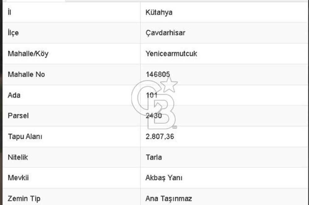 Kütahya Çavdarhisar Yenicearmutcuk Köyü Satılık 2.807 m² Tarla