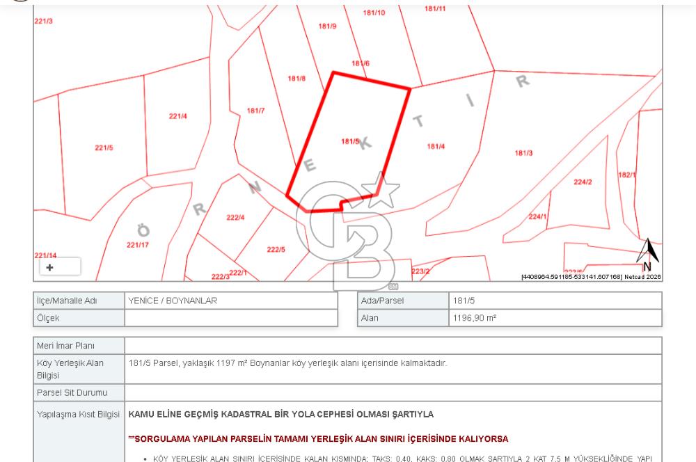 Çanakkale Yenice Boynanlar Köyü’nde İmarlı Satılık Arsa