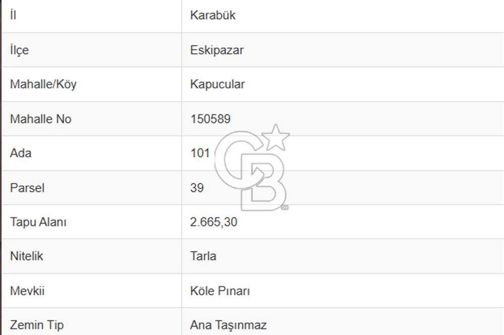 Karabük Eskipazar Yakını 2.665 m2 Yatırımlık Tarla!