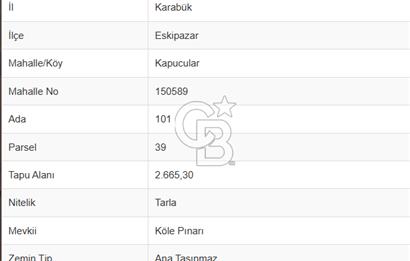 Karabük Eskipazar Yakını 2.665 m2 Yatırımlık Tarla!