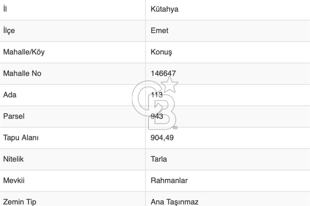CB EAGLE'Dan KÜTAHYA EMET'DE 904 m² SATILIK TARLA