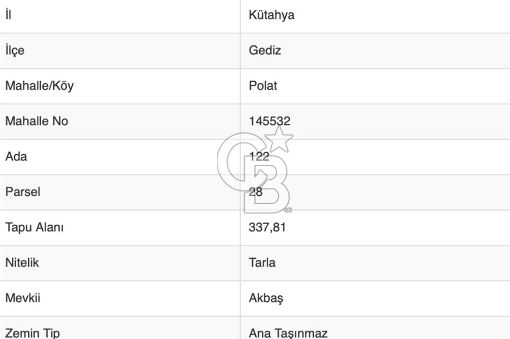 CB EAGLE'Dan KÜTAHYA GEDİZ'DE 337 m² SATILIK TARLA