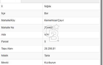 Niğde Bor Kemerhisar’da 28.256 m² Resmi Yolu Olan Asfalta 50 metre Tarla