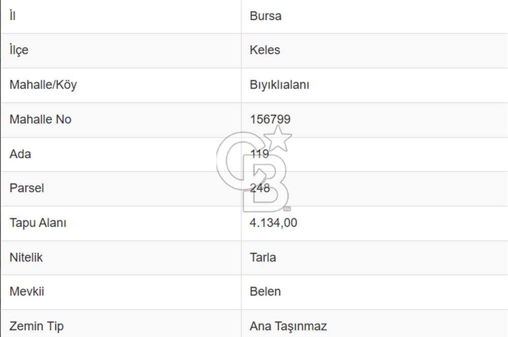 KELES BIYIKLIALANI MAHALLESİNDE SATILIK 4134 METREKARE TARLA