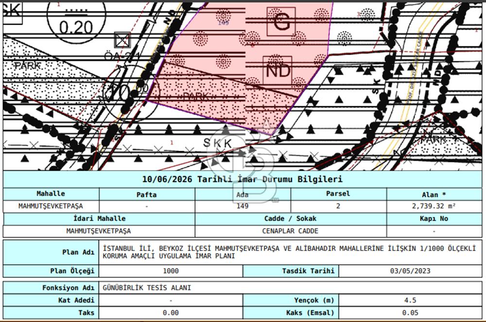 BEYKOZ MAHMUTŞEVKETPAŞA 1370M2, 0.05 EMSAL CADDEYE CEPHE ARSA