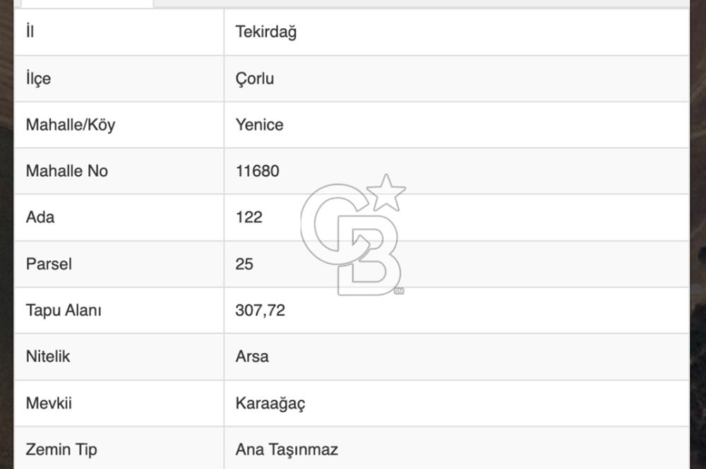 Tekirdağ Çorlu Yenice de 307 Metre İmarlı Müstakil Arsa