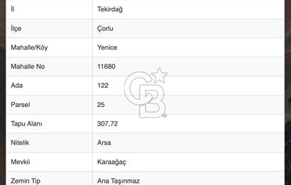Tekirdağ Çorlu Yenice de 307 Metre İmarlı Müstakil Arsa