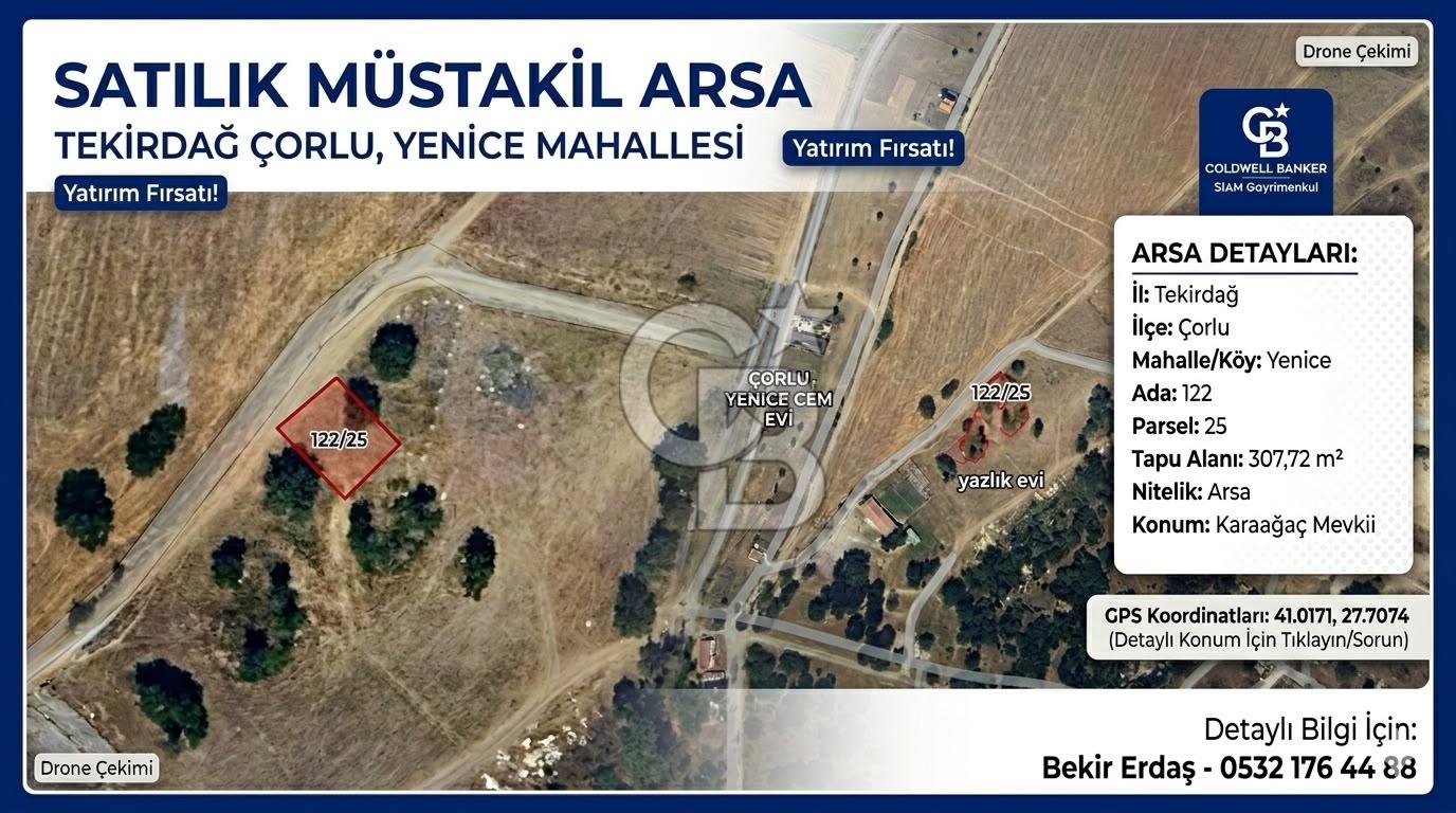 Tekirdağ Çorlu Yenice de 307 Metre İmarlı Müstakil Arsa