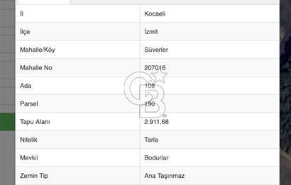 İZMİT SÜVERLER KÖYÜNDE SATILIK 2900 M2 TARLA