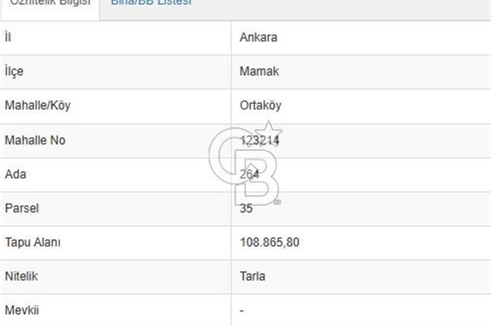 Mamak Ortaköy'de 1000m² Satılık Tarla