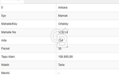Mamak Ortaköy'de 1000m² Satılık Tarla