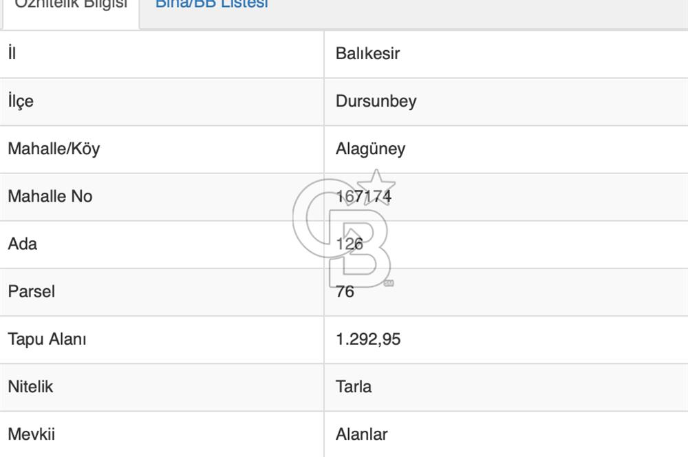 CB Eagle'Dan DURSUNBEY ALAGÜNEY'DE 1.292 m² SATILIK TARLA