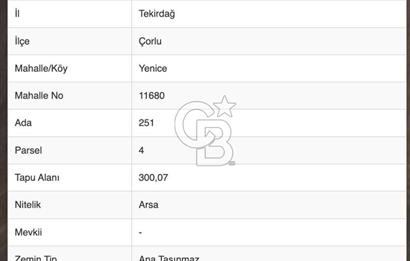 Tekirdağ Çorlu Yenice de Satılık 300m İmarlı Arsa