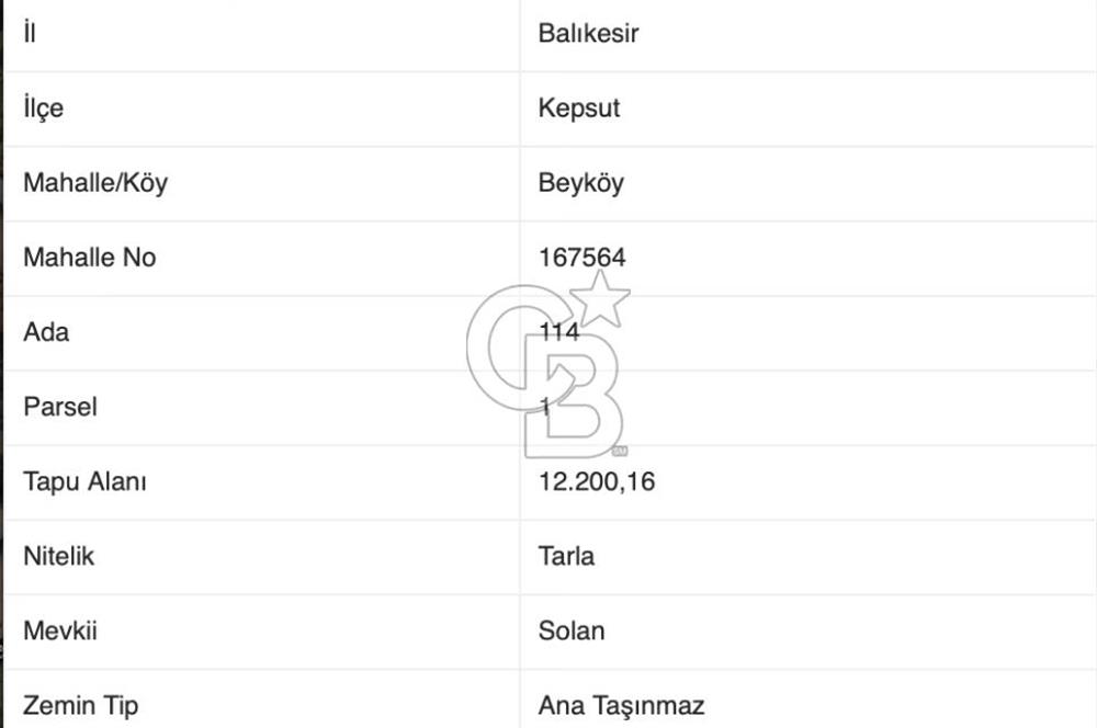 CB EAGLE'DAN KEPSUT BEYKÖY'DE SATILIK 12.200 m² TARLA