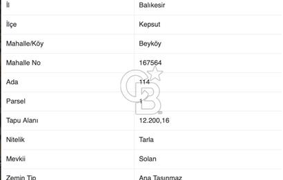CB EAGLE'DAN KEPSUT BEYKÖY'DE SATILIK 12.200 m² TARLA