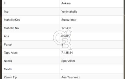 YENİMAHALLE SUSUZ'DA YATIRIMLIK 55M² SPOR ALANI İMARLI ARSA!!