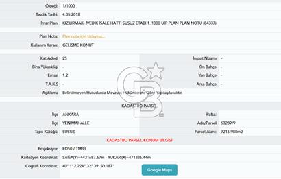 YENİMAHALLE SUSUZ'DA İSTANBUL YOLU YANI 818 M² İMARLI ARSA!!