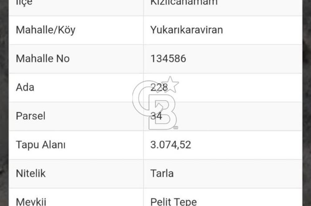 Kızılcıhamam'da 3.074 m2 Tek Tapu Satılık Tarla