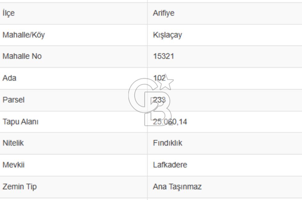 SAKARYA ARİFİYE KIŞLAÇAYDA SATILIK 12.030 M2 FINDIKLIK/ TARLA