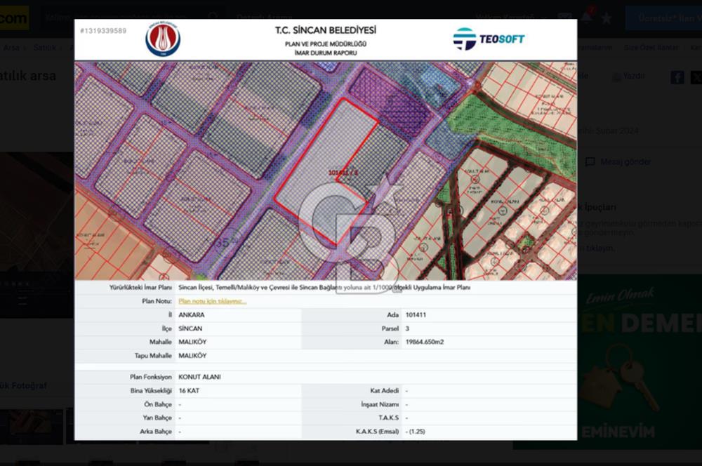 SİNCAN MALIKÖY'DE 16 KAT İMARLI, BULVAR CEPHELİ, PROJELİK ARSA