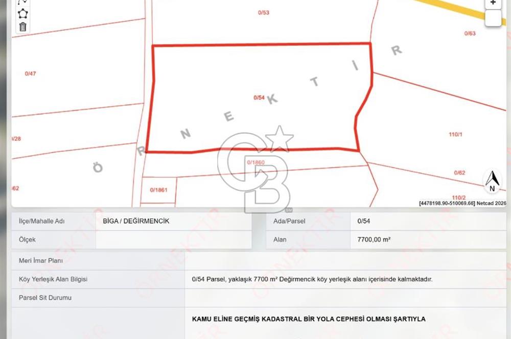 Biga Değirmencikte Deniz Manzaralı 7700 m2 Köy İmarlı Arsa