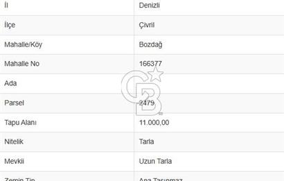 DENİZLİ ÇİVRİL BOZDAĞ' DA YATIRIMLIK 11.000 M2 SATILIK TARLA